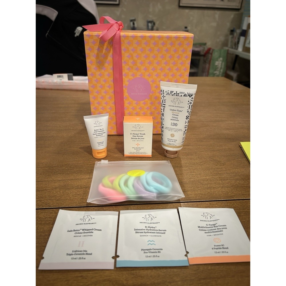 Drunk Elephant 8 Piece Gift Set Cleanser Hair Vit C Box SPF 30 Tinted EXP May 26
